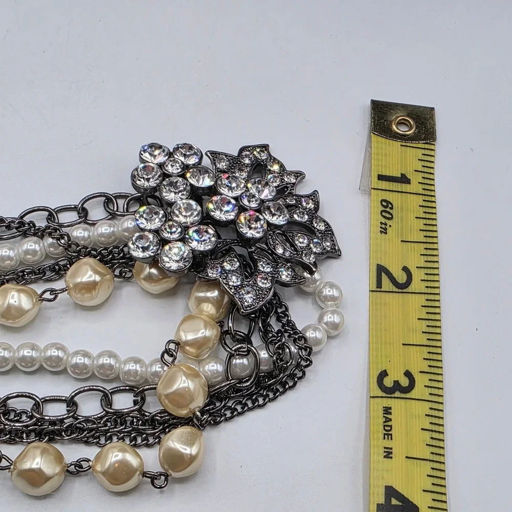 Express Gunmetal Faux Pearl Rhinestone Floral Multi Strand Statement Necklace‎